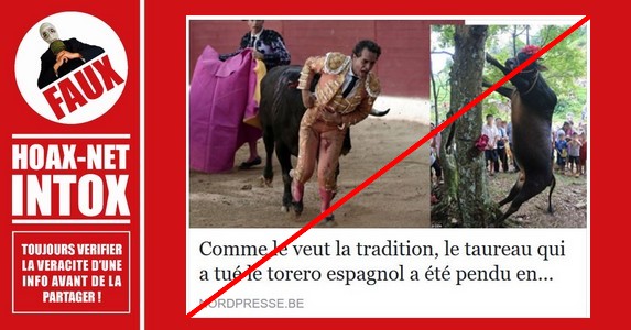 Non NordPresse, ce torero n’a pas été tué à Béziers et le taureau n’a pas été pendu en place publique.