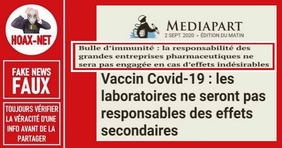 Fausses rumeurs autour de la responsabilité des laboratoires fabriquant des vaccins contre la Covid-19.