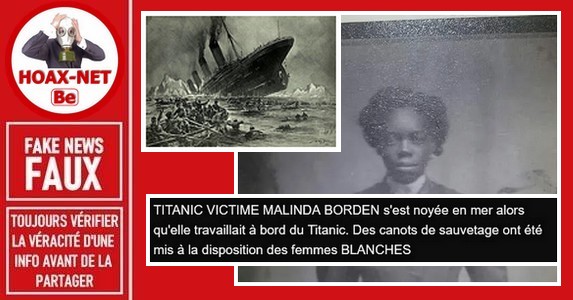 Non, une femme noire nommée Malinda Borden n’a pas péri parce que les canots  de sauvetage du Titanic n’étaient réservés qu’aux blancs.