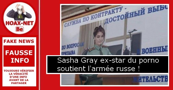 Non, l’ex-star du porno Sasha Grey n’a pas fait de promotion pour l’armée russe.