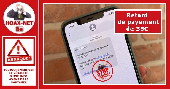SMS frauduleux se faisant passer pour ANTAI pour retard de payement de 35€.