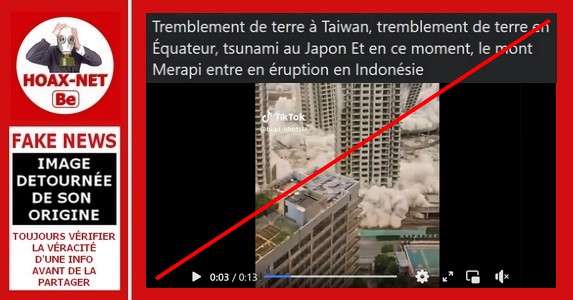 Non, cette vidéo ne montre pas l’effondrement de tours dû au séisme de Taïwan ou des bombardements à Gaza.